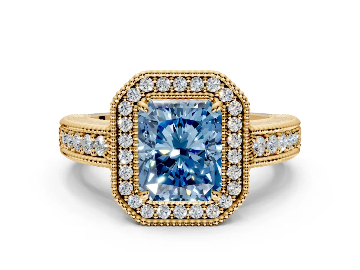 Milgrain Halo Engagement Ring Setting for Fancy Blue Radiant Cut Center with Pave Band and Prong Head in Yellow Gold