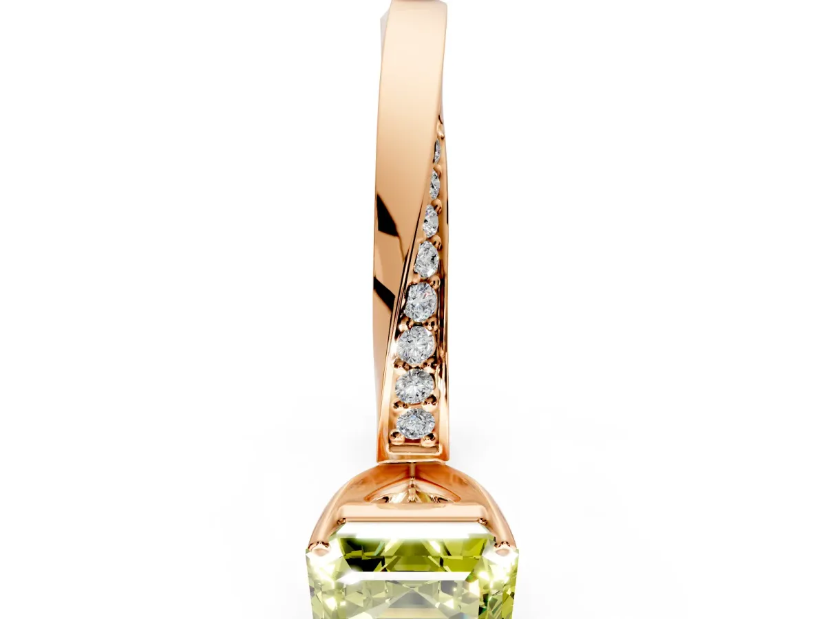 Side Accent Engagement Ring Setting for Fancy Yellow Asscher Cut Center with Accent Shoulders and Prong Head in Rose Gold