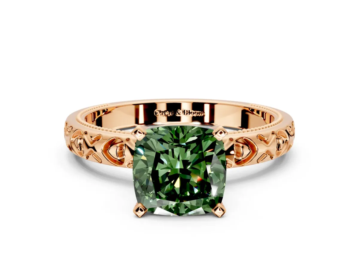 Solitaire Engagement Ring Setting for Fancy Green Cushion Cut Center with XO Engraved Band and Prong Head in Rose Gold