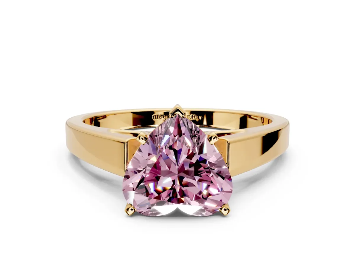 Solitaire Engagement Ring Setting for Fancy Pink Heart-Shaped Center with Tapered Split Shoulders and Prong Head in Yellow Gold
