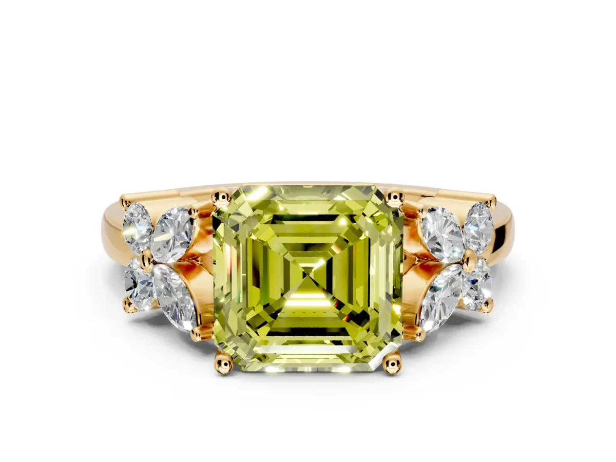 Floral Engagement Ring Setting for Fancy Yellow Princess Cut Center with Marquise Cluster Shoulders and Prong Head in Yellow Gold