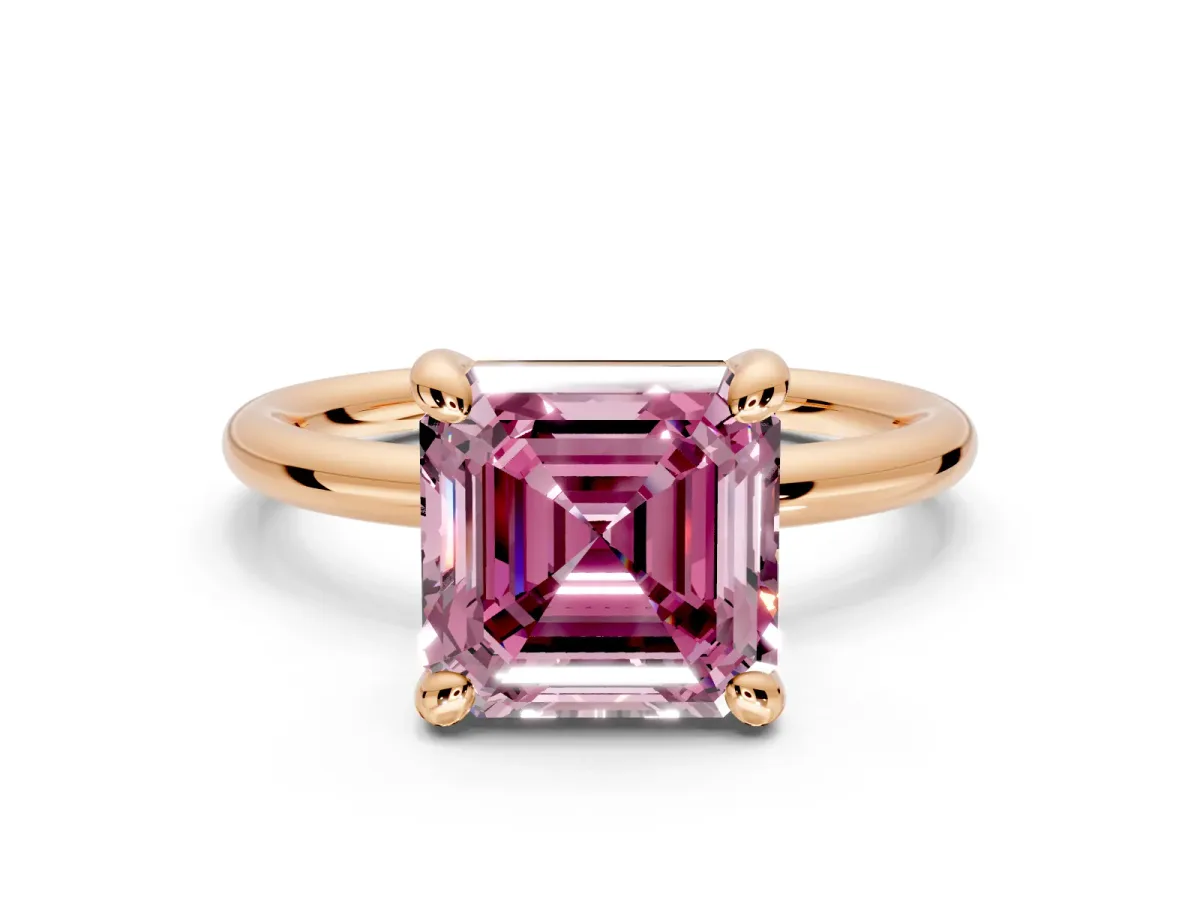Low-Set Solitaire Engagement Ring Setting for Fancy Pink Asscher Cut Center with Thin Plain Band and Prong Head in Rose Gold
