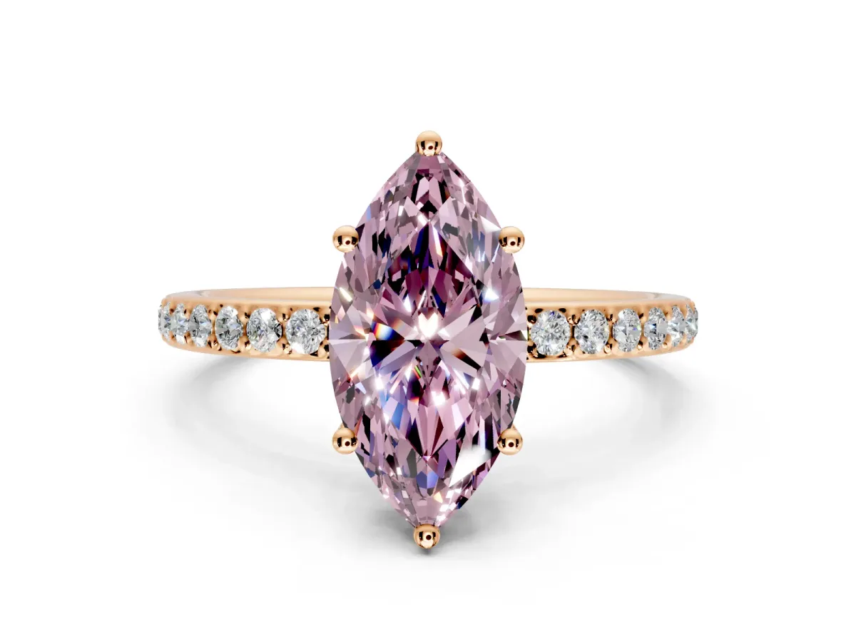 Solitaire Engagement Ring Setting for Fancy Pink Marquise Center with Fine Pave Band and Prong Head in Rose Gold