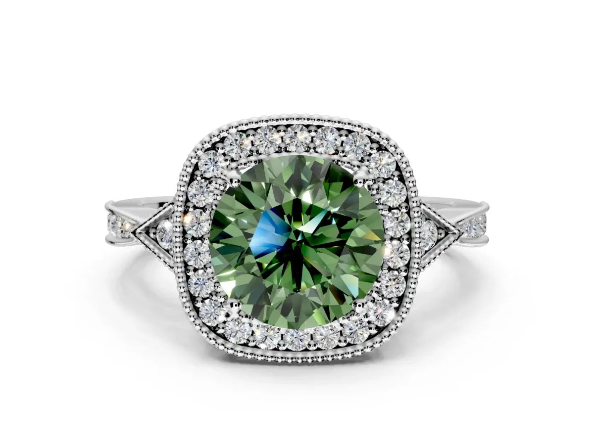 Halo Engagement Ring Setting for Fancy Green Round Cut Center with Milgrain Rim, Pave Band and Prong Head in Sterling Silver