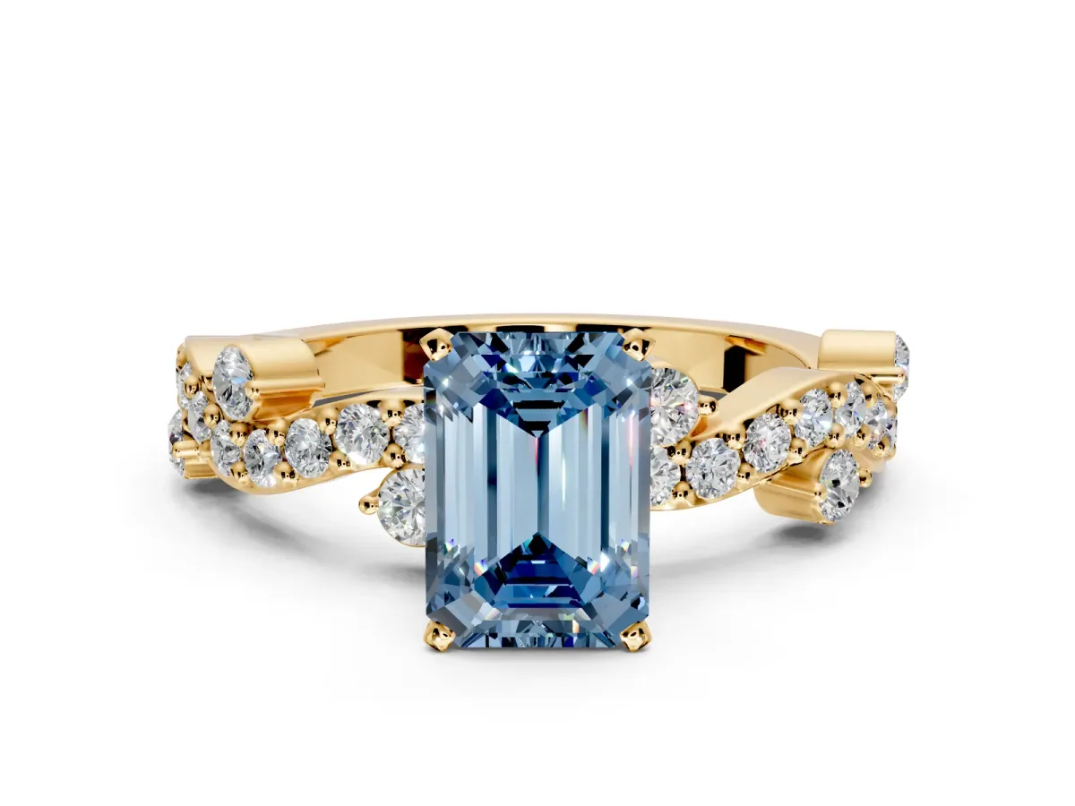 Solitaire Engagement Ring Setting for Fancy Blue Emerald Cut Center with Bar-Station Pave Twist and Prong Head in Yellow Gold
