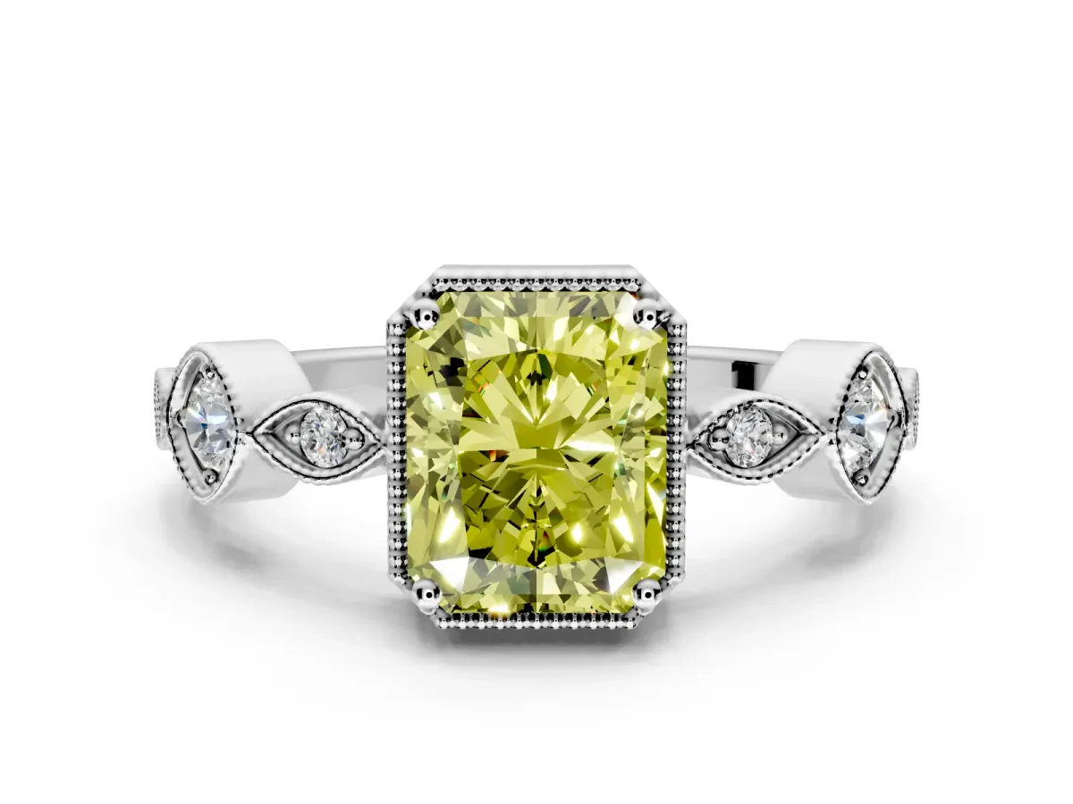 Vintage Station Engagement Ring Setting for Fancy Yellow Radiant Cut Center with Accents and Prong Head in Platinum