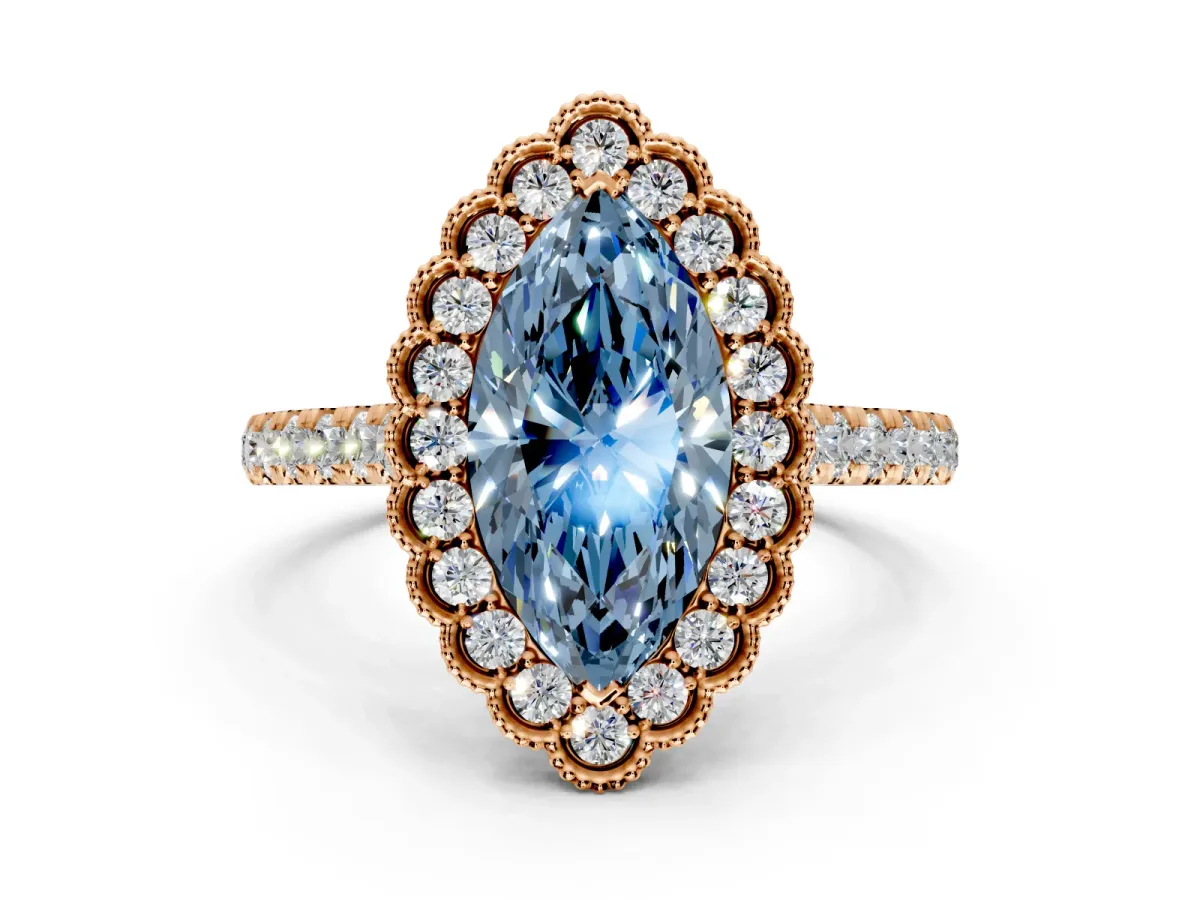 Milgrain Floral Halo Engagement Ring Setting for Fancy Blue Marquise Center with Pave Band and Prong Head in Rose Gold