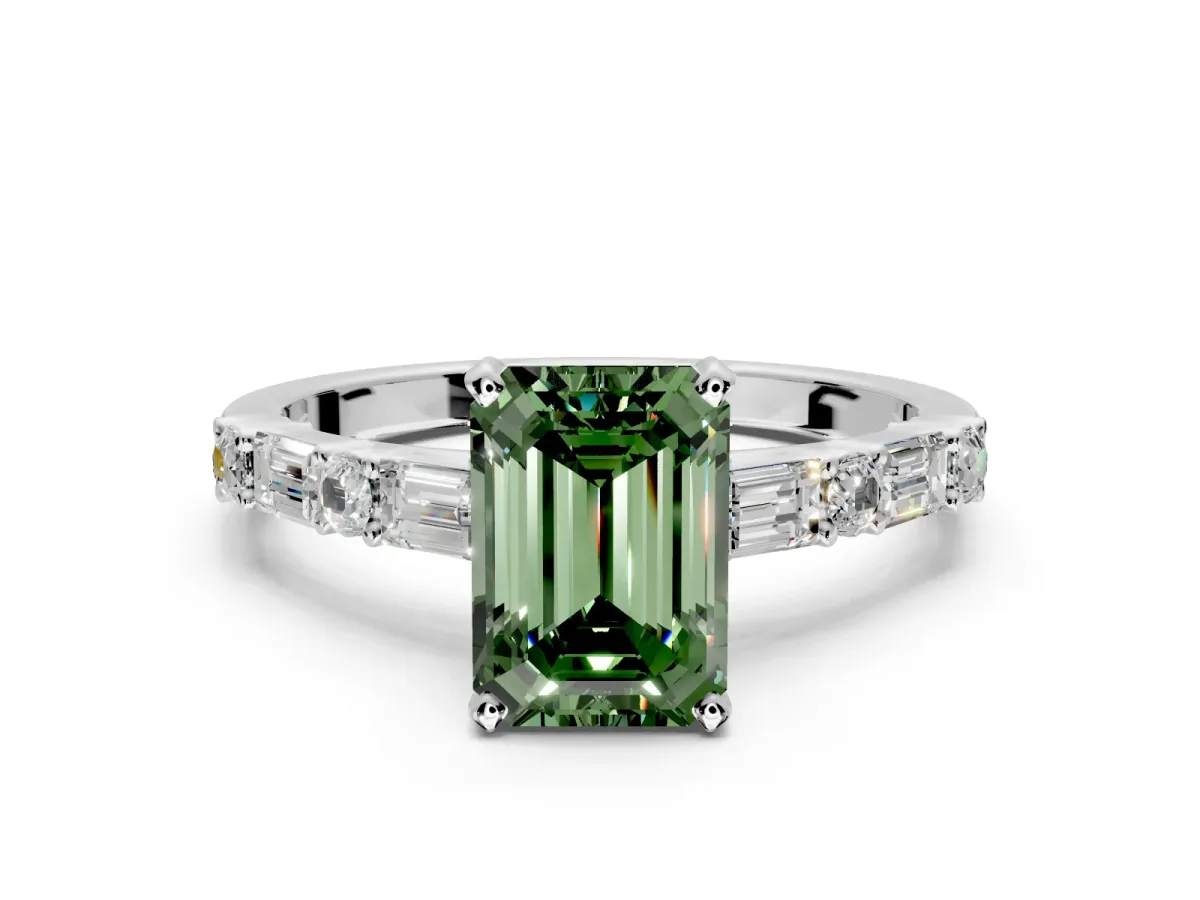 Baguette Engagement Ring Setting for Fancy Green Emerald Cut Center with Alternating Bar-Set Band and Prong Head in Platinum