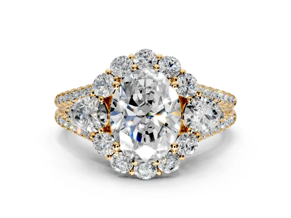 Halo Engagement Ring Setting for Oval Center with Two-Strand Split Shank and Prong Head in Yellow Gold