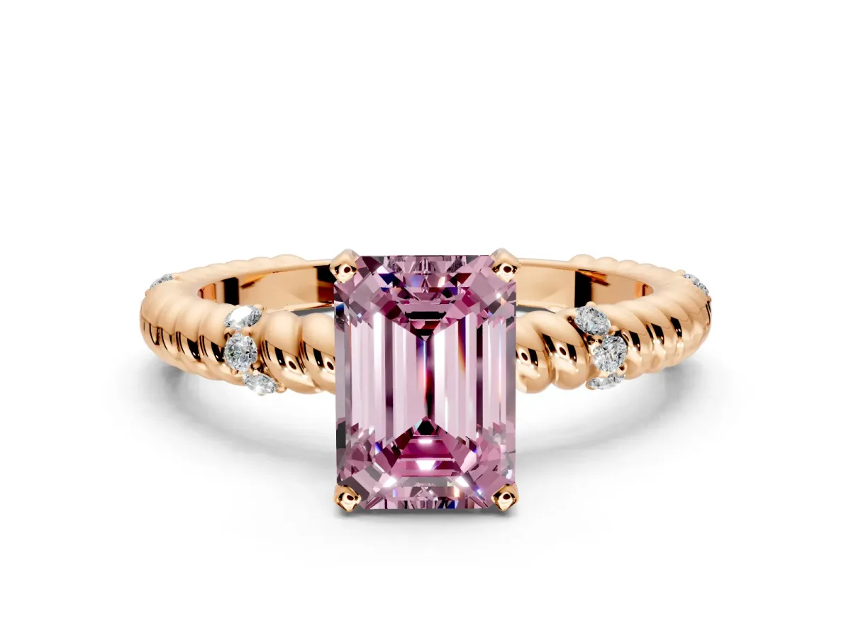 Rope Engagement Ring Setting for Fancy Pink Emerald Cut Center with Accent Shoulders and Prong Head in Rose Gold