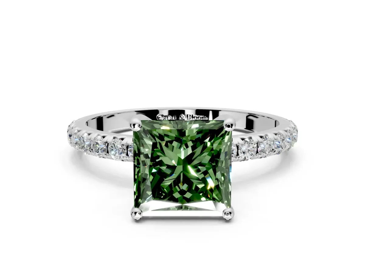Solitaire Engagement Ring Setting for Fancy Green Princess Cut Center with Micro Pave Band and Prong Head in Platinum