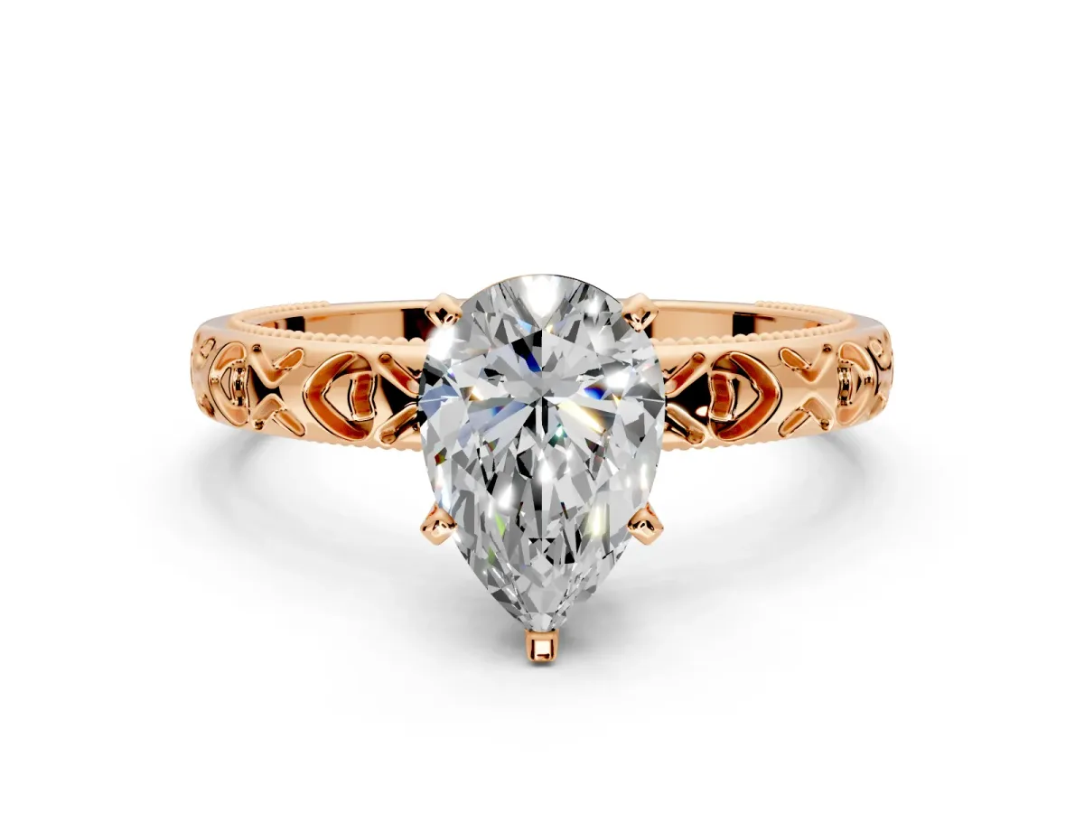 Solitaire Engagement Ring Setting for Pear-Shaped Center with XO Engraved Band and Prong Head in Rose Gold
