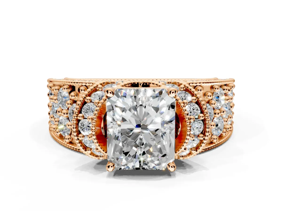 Pave Engagement Ring Setting for Radiant Cut Center with Curved Accent Rows, Openwork and Prong Head in Rose Gold