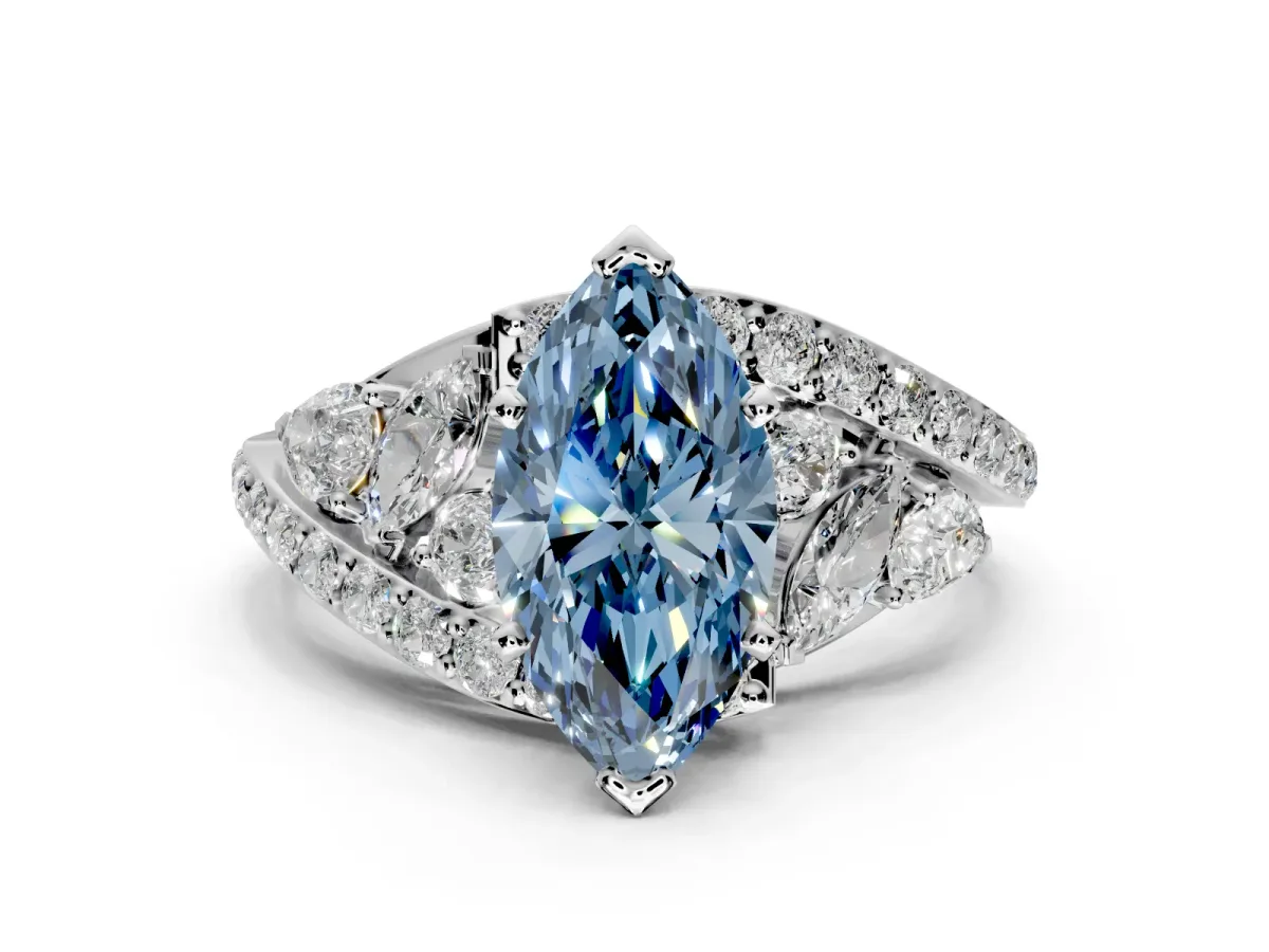 Halo Engagement Ring Setting for Fancy Blue Marquise Center with Marquise and Pave Bypass Band and Prong Head in Platinum