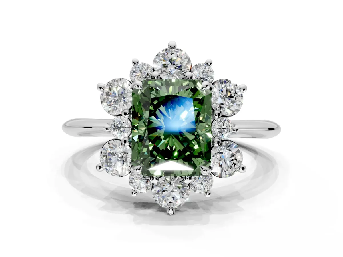 Small-Accent Cluster Halo Engagement Ring Setting for Fancy Green Radiant Cut Center with Plain Band and Prong Head in Sterling Silver