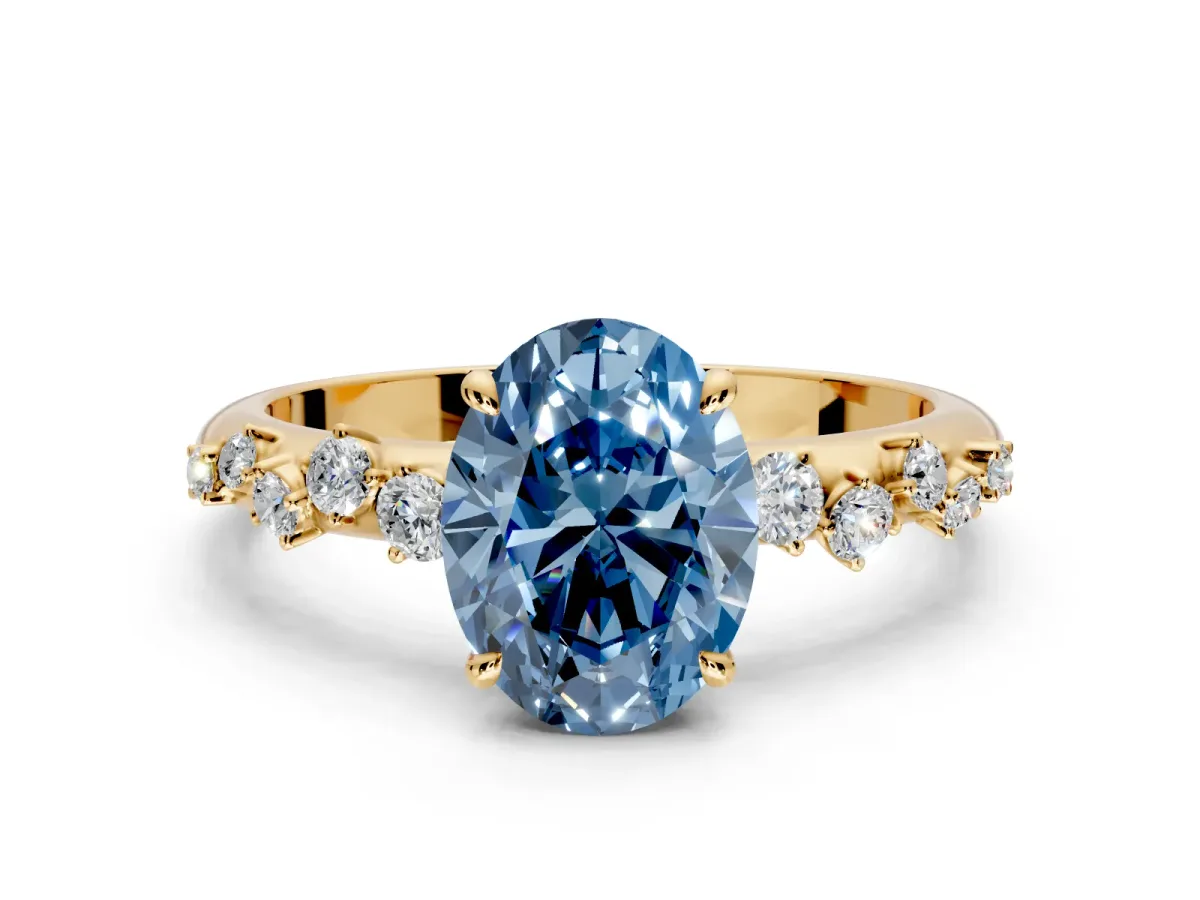Cluster Engagement Ring Setting for Fancy Blue Oval Center with Round Cut Accent Band and Prong Head in Yellow Gold