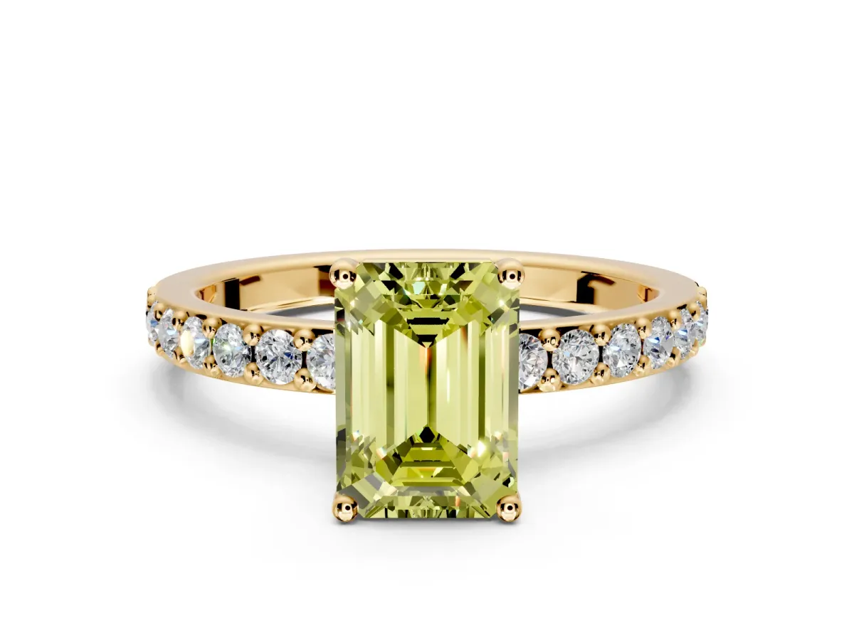 Solitaire Engagement Ring Setting for Fancy Yellow Emerald Cut Center with Round Cut Pave Band and Prong Head in Yellow Gold