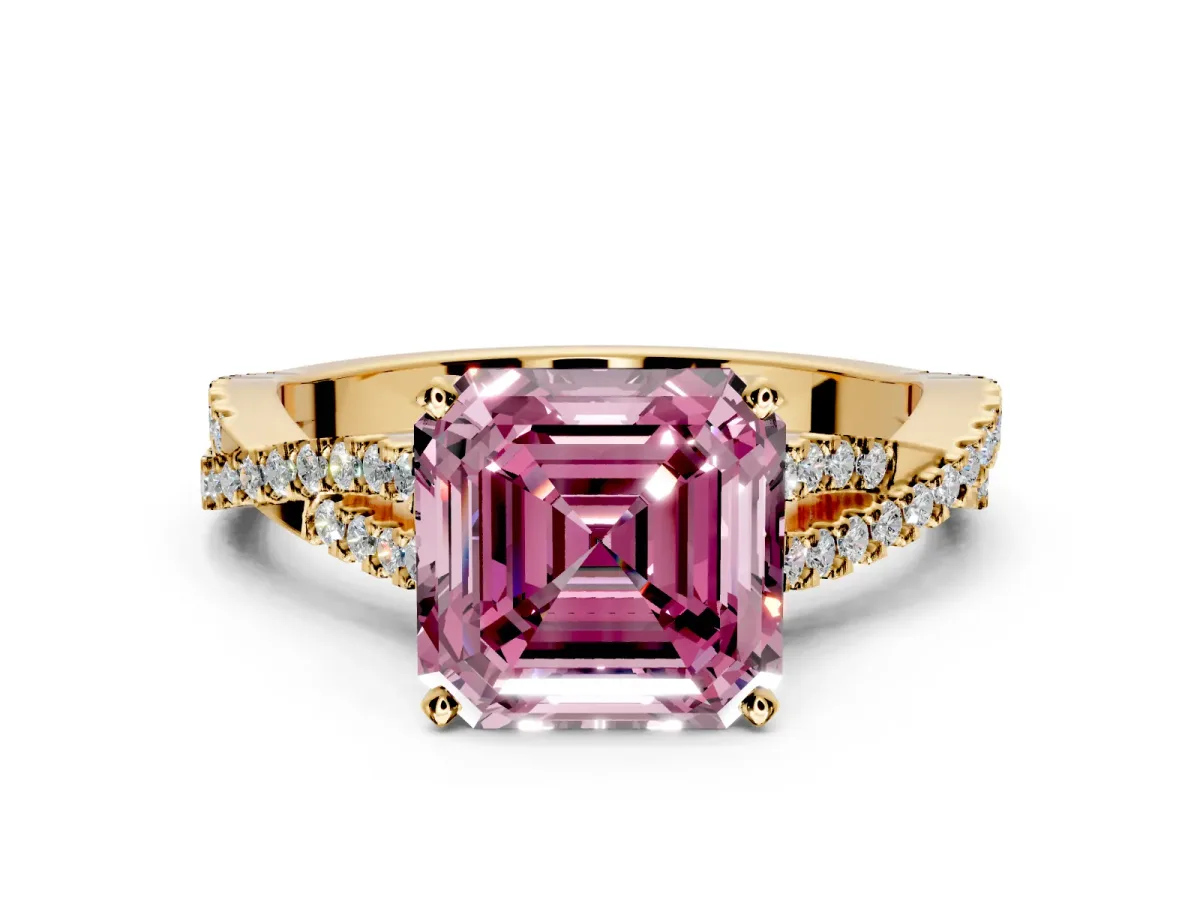 Solitaire Engagement Ring Setting for Fancy Pink Asscher Cut Center with Twisted Pave Split Shank and Prong Head in Yellow Gold