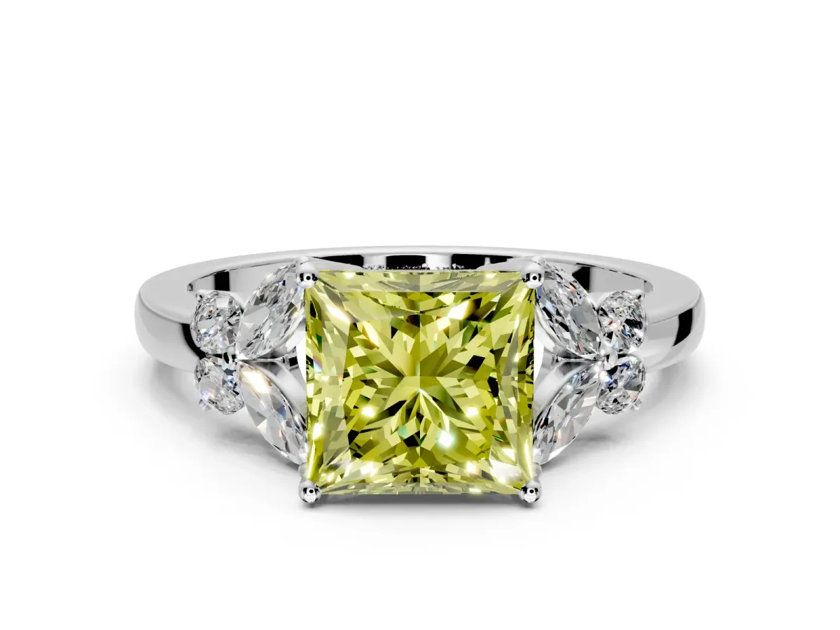 Solitaire Engagement Ring Setting for Fancy Yellow Princess Cut Center with Marquise Flower Shoulders and Prong Head in Platinum