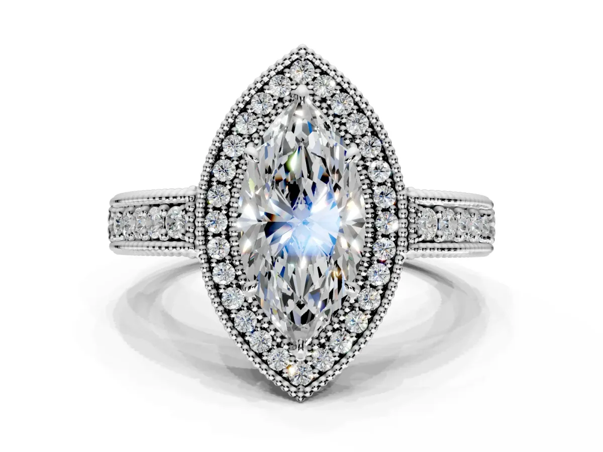 Milgrain Halo Engagement Ring Setting for Marquise Center with Pave Band and Prong Head in Platinum