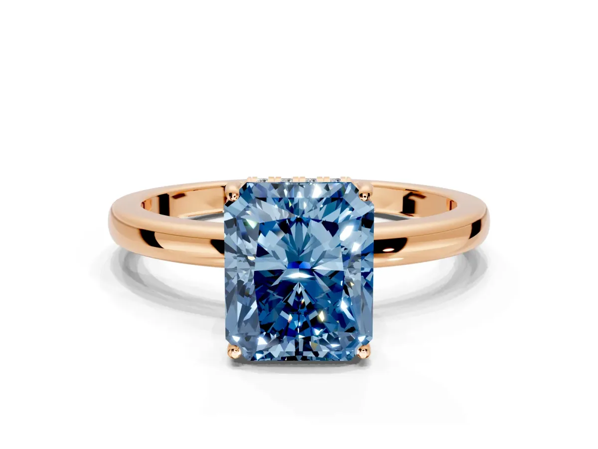 Solitaire Engagement Ring Setting for Fancy Blue Radiant Cut Center with Fine Wire Band and Prong Head in Rose Gold
