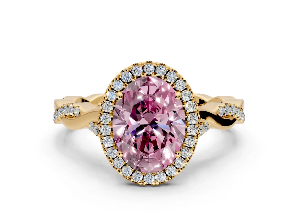 Halo Engagement Ring Setting for Fancy Pink Oval Center with Twist Band and Prong Head in Yellow Gold