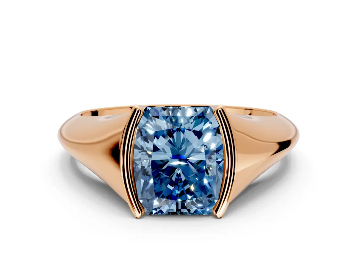 Tension Engagement Ring Setting for Fancy Blue Radiant Cut Center with Wide Tapered Band and Tension Head in Rose Gold
