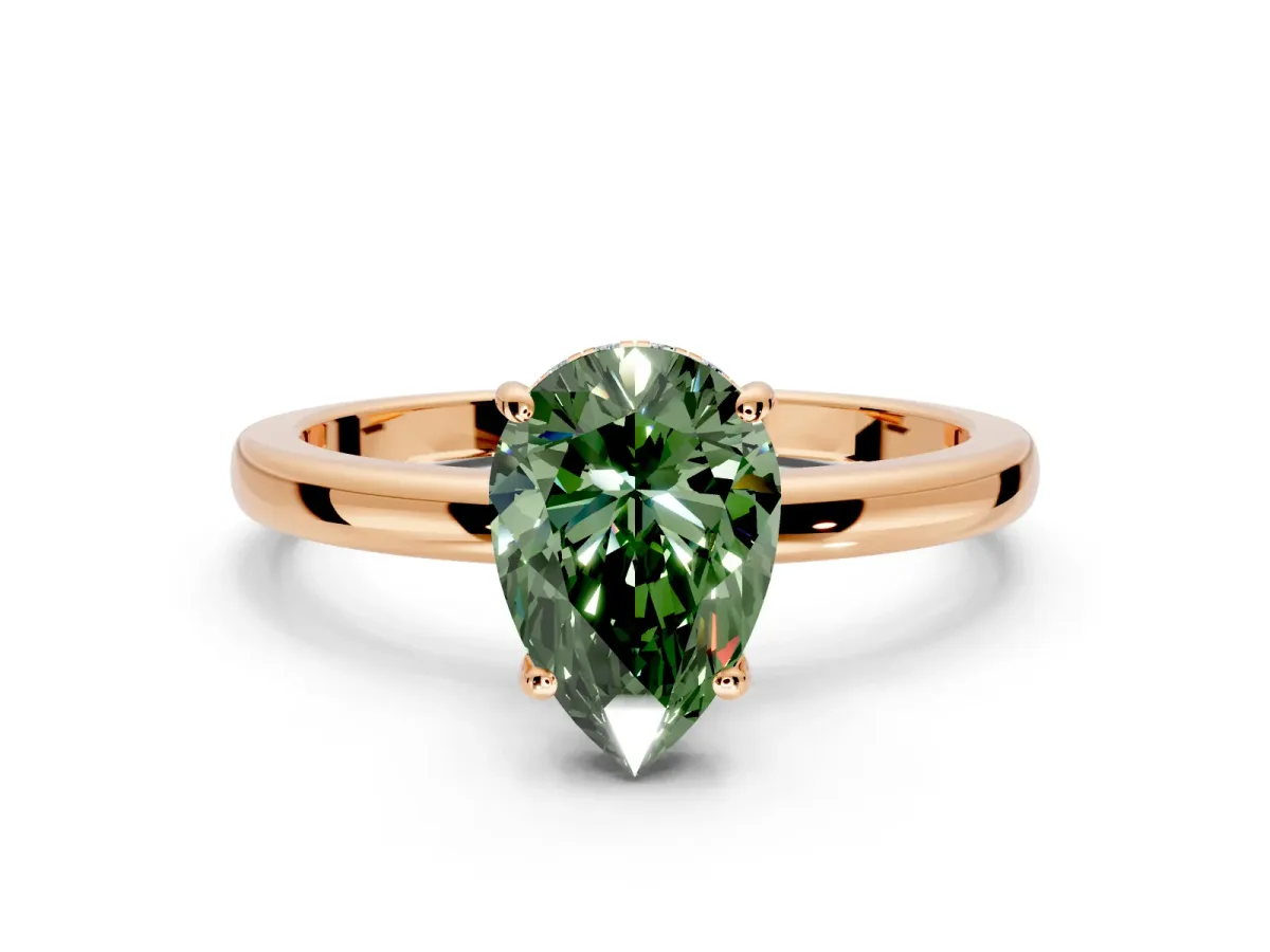 Solitaire Engagement Ring Setting for Fancy Green Pear-Shaped Center with Fine Wire Band and Prong Head in Rose Gold