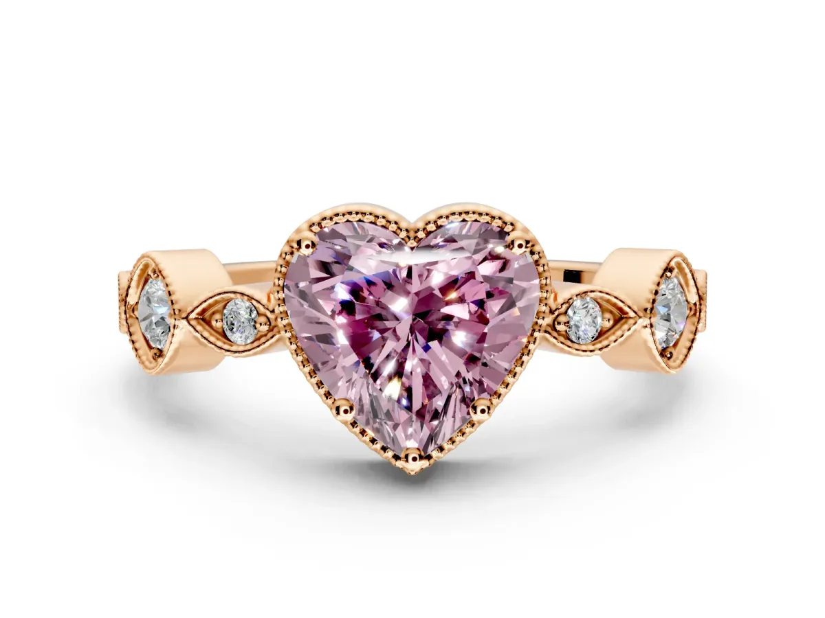 Vintage Station Engagement Ring Setting for Fancy Pink Heart-Shaped Center with Accents and Prong Head in Rose Gold
