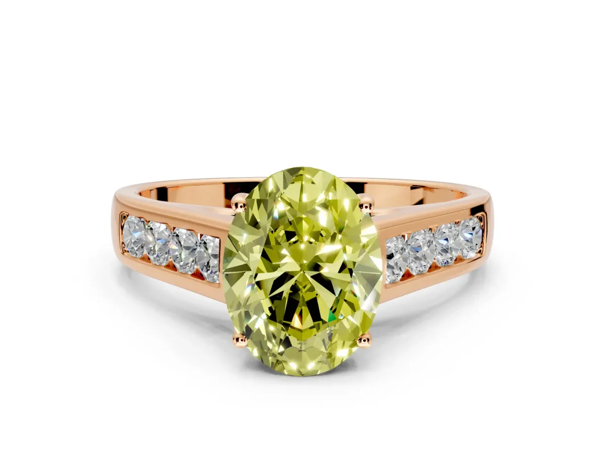 Solitaire Engagement Ring Setting for Fancy Yellow Oval Center with Cathedral Channel Band and Prong Head in Rose Gold