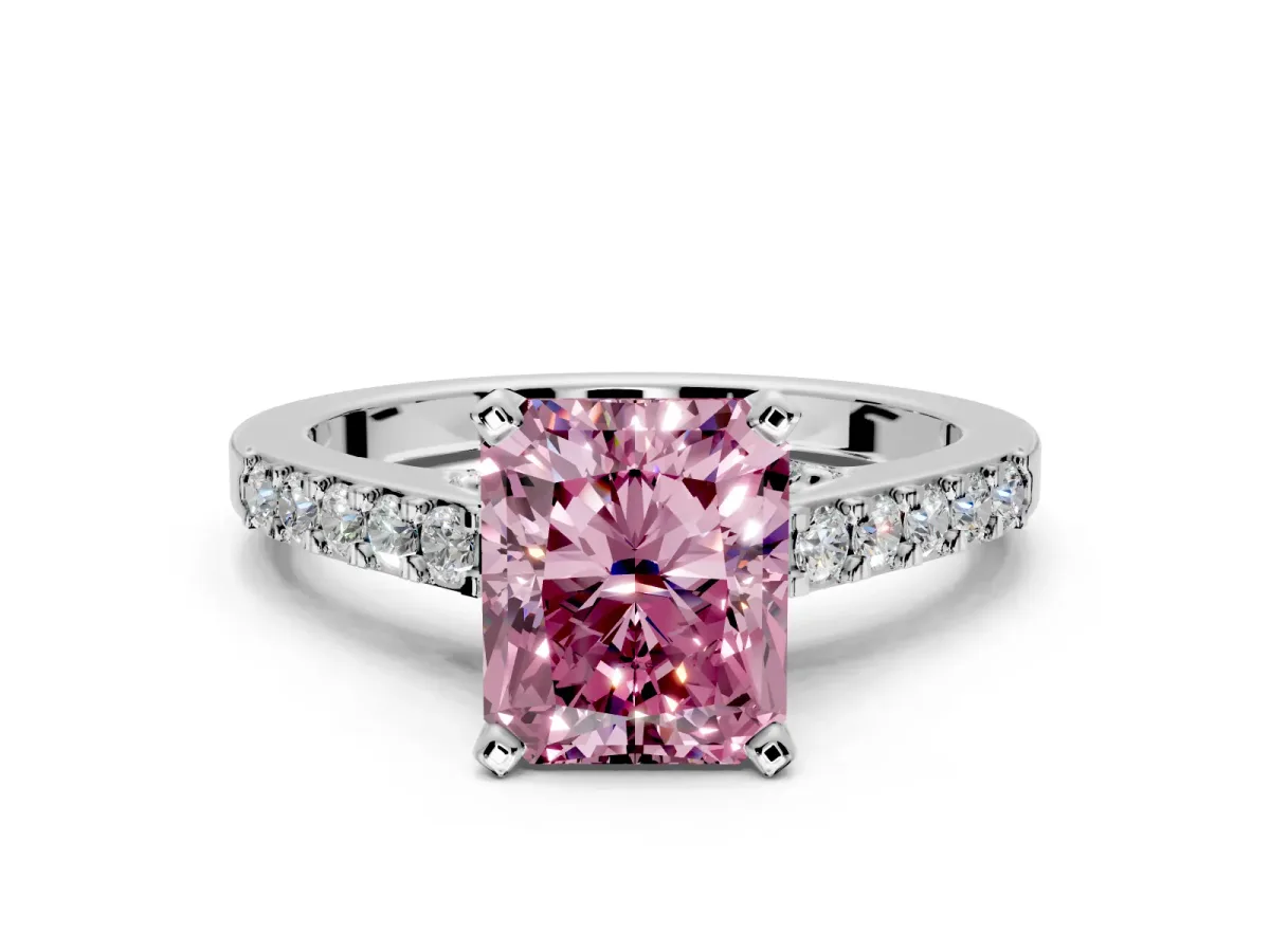 Solitaire Engagement Ring Setting for Fancy Pink Radiant Cut Center with Crossover Accents and Prong Head in Sterling Silver