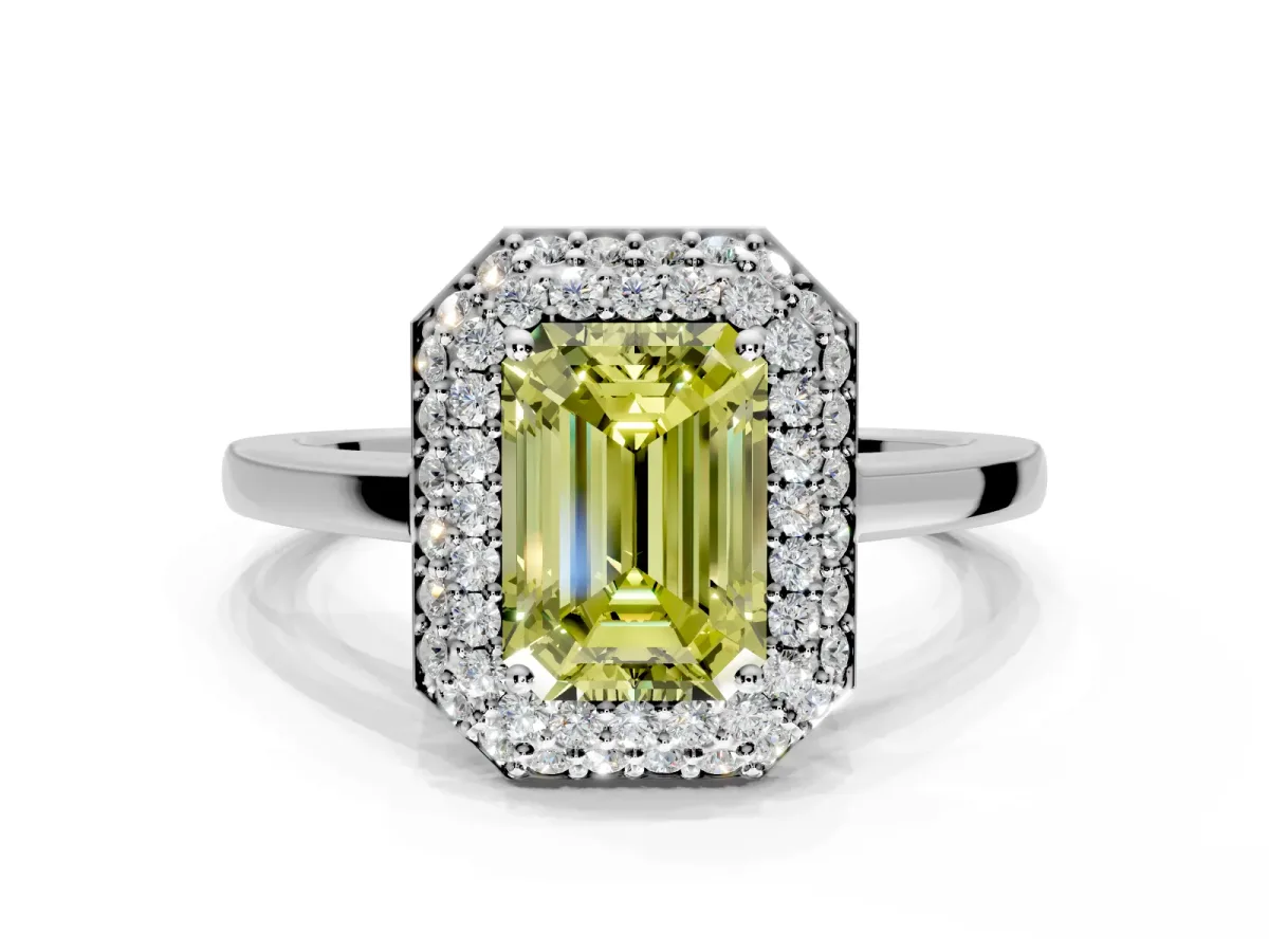 Halo Engagement Ring Setting for Fancy Yellow Emerald Cut Center with Plain Tapered Band and Prong Head in Platinum