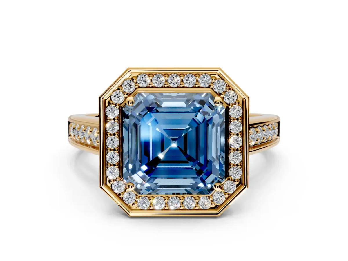 Halo Engagement Ring Setting for Fancy Blue Asscher Cut Center with Outer Bezel Rim, Pave Band and Prong Head in Yellow Gold