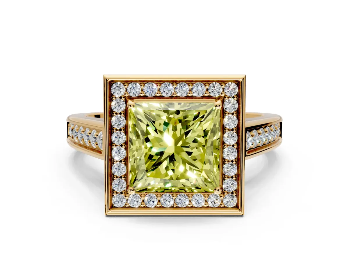 Halo Engagement Ring Setting for Fancy Yellow Princess Cut Center with Outer Bezel Rim, Pave Band and Prong Head in Yellow Gold