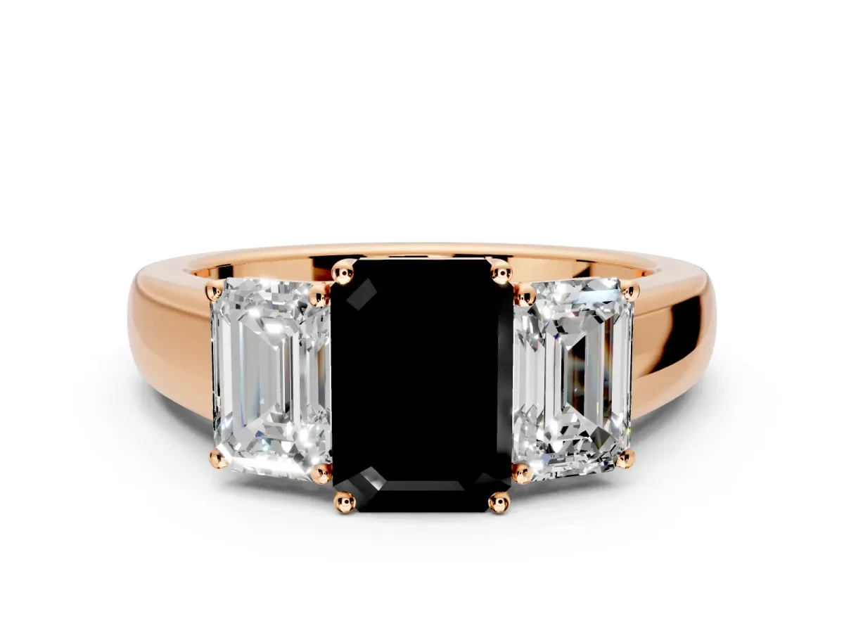 3 Stone Engagement Ring Setting for Fancy Black Emerald Cut Center with Raised Basket Heads and Prong Head in Rose Gold