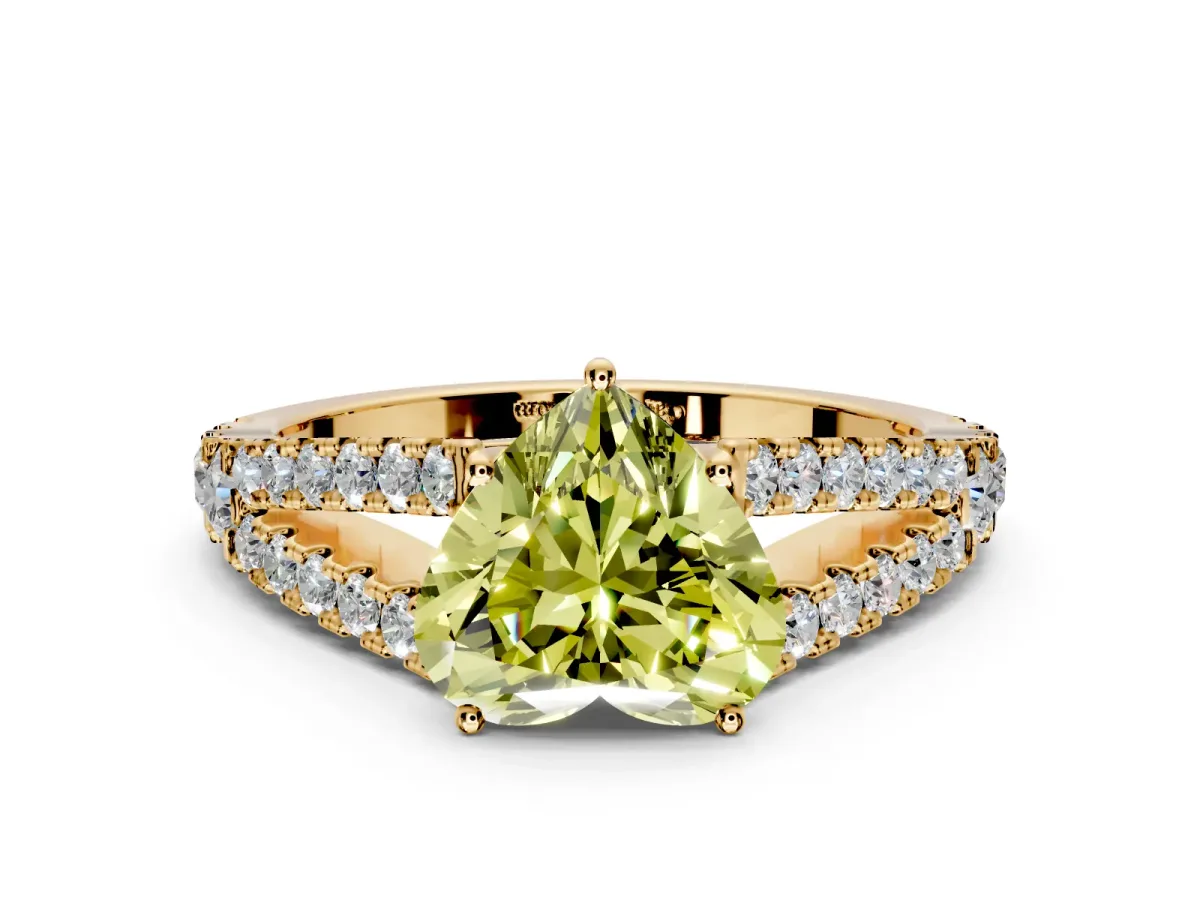 Solitaire Engagement Ring Setting for Fancy Yellow Heart-Shaped Center with Pave Split Shank and Prong Head in Yellow Gold
