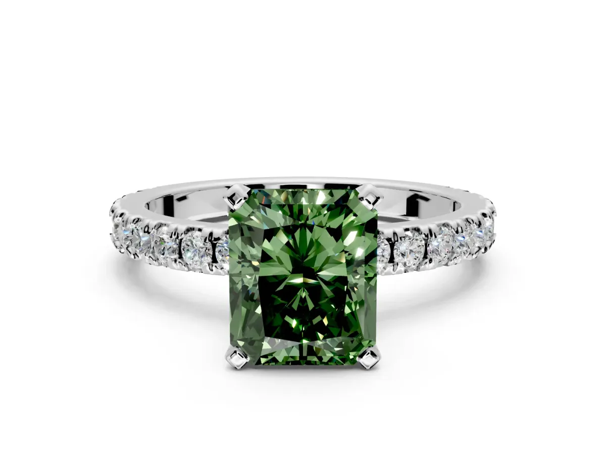 Solitaire Engagement Ring Setting for Fancy Green Radiant Cut Center with Fine Pave Band and Claw Prong Head in White Gold