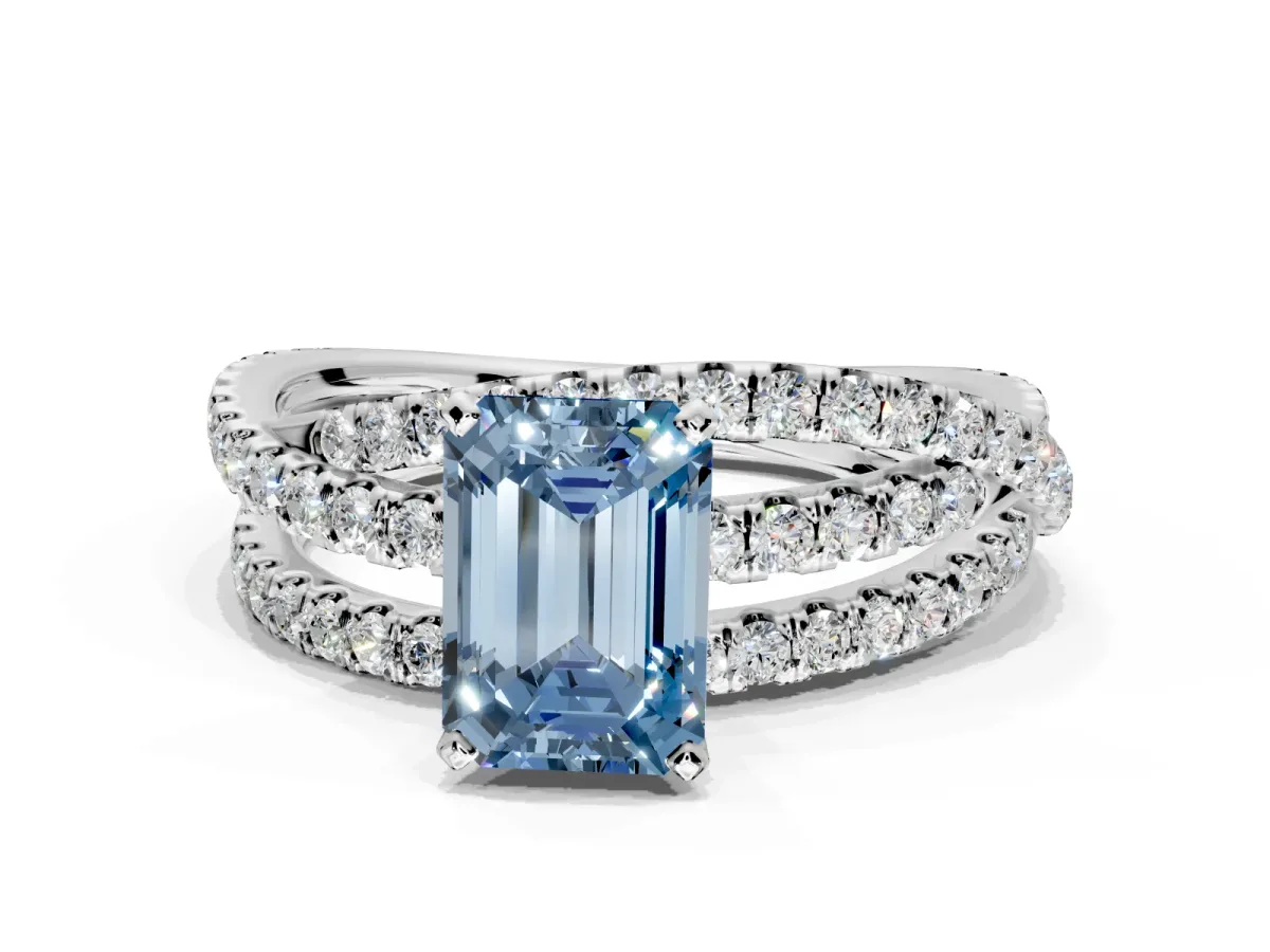 Solitaire Engagement Ring Setting for Fancy Blue Emerald Cut Center with Woven 3-Strand Pave Band and Prong Head in White Gold