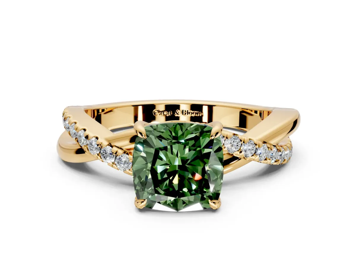 Crossover Engagement Ring Setting for Fancy Green Cushion Cut Center with Pave and Plain Strands and Prong Head in Yellow Gold