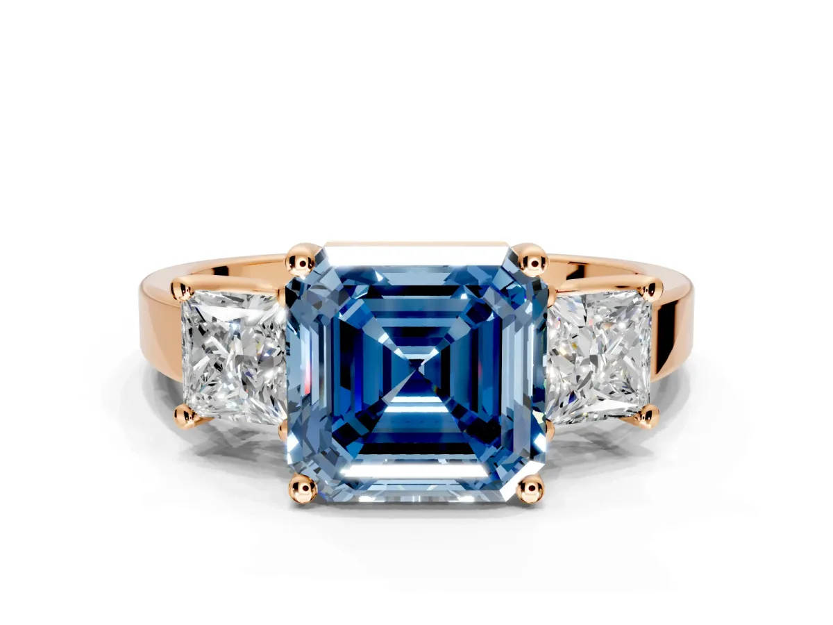 3 Stone Engagement Ring Setting for Fancy Blue Asscher Cut Center with Matching Side Accents and Prong Head in Rose Gold