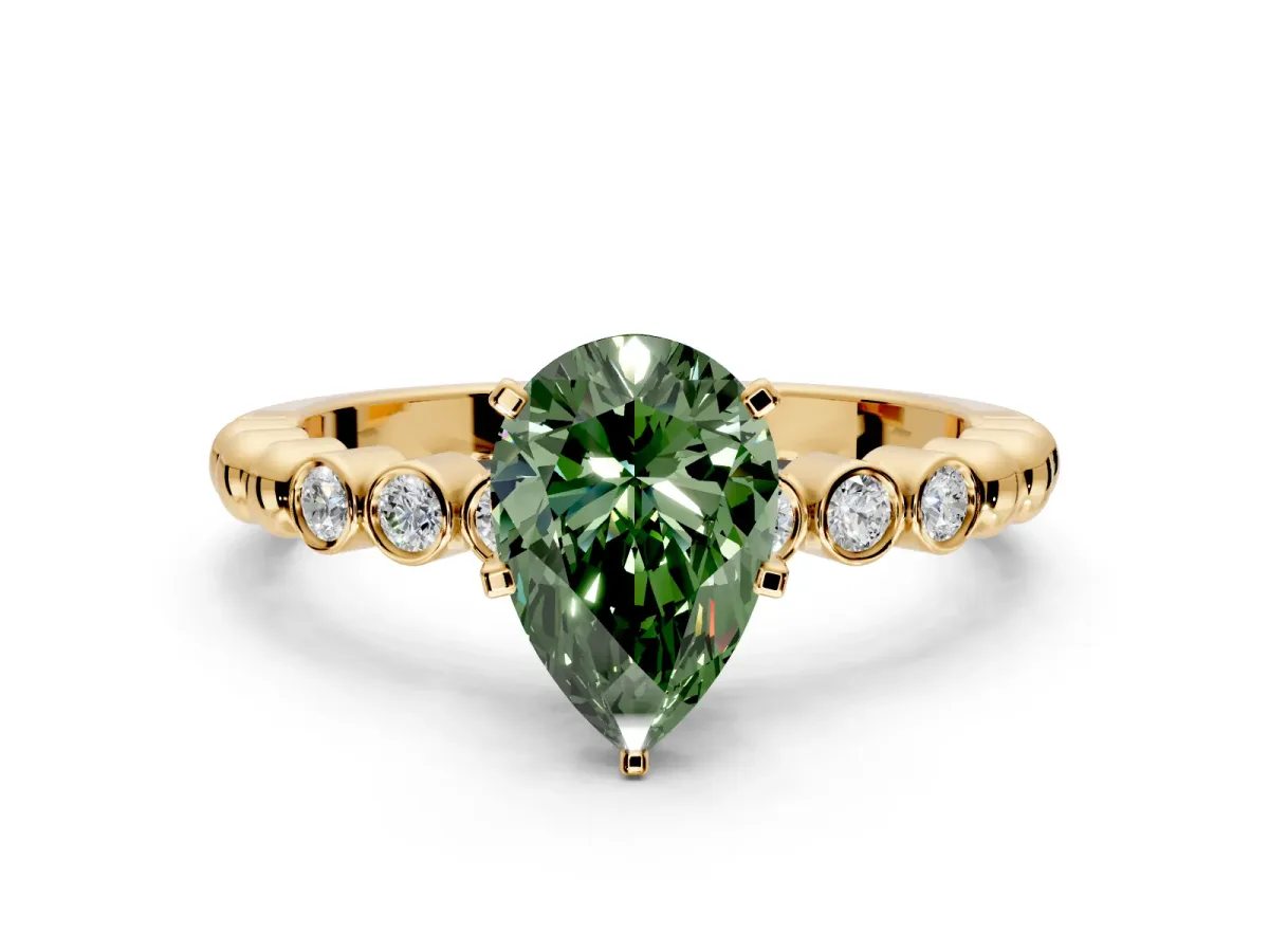 Solitaire Engagement Ring Setting for Fancy Green Pear-Shaped Center with Bezel-Dot Beaded Band and Prong Head in Yellow Gold