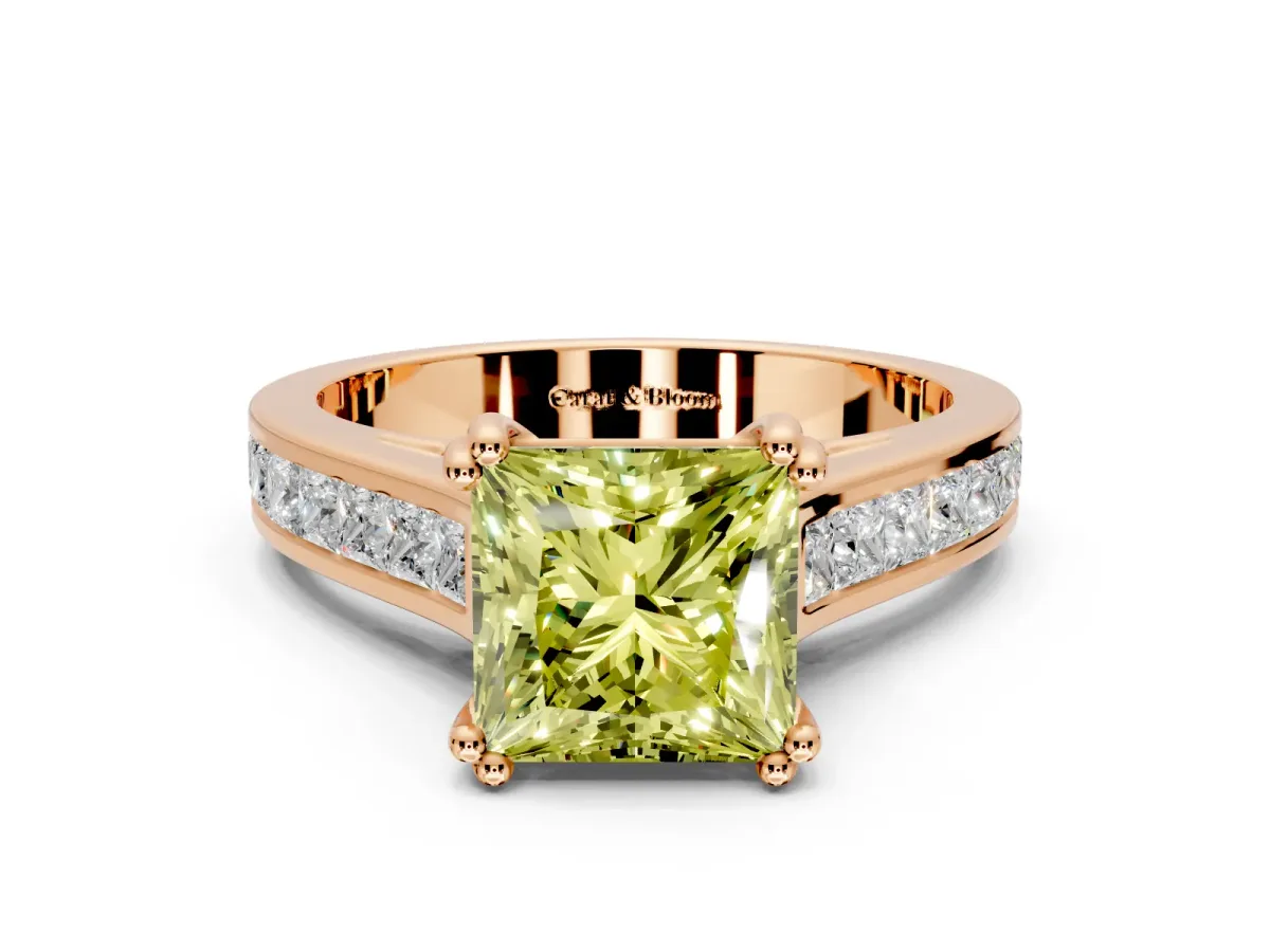 Solitaire Engagement Ring Setting for Fancy Yellow Princess Cut Center with Channel Band and Double Claw Prong Head in Rose Gold
