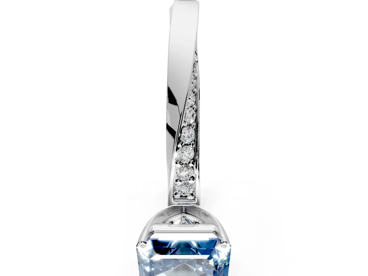 Side Accent Engagement Ring Setting for Fancy Blue Asscher Cut Center with Accent Shoulders and Prong Head in Sterling Silver