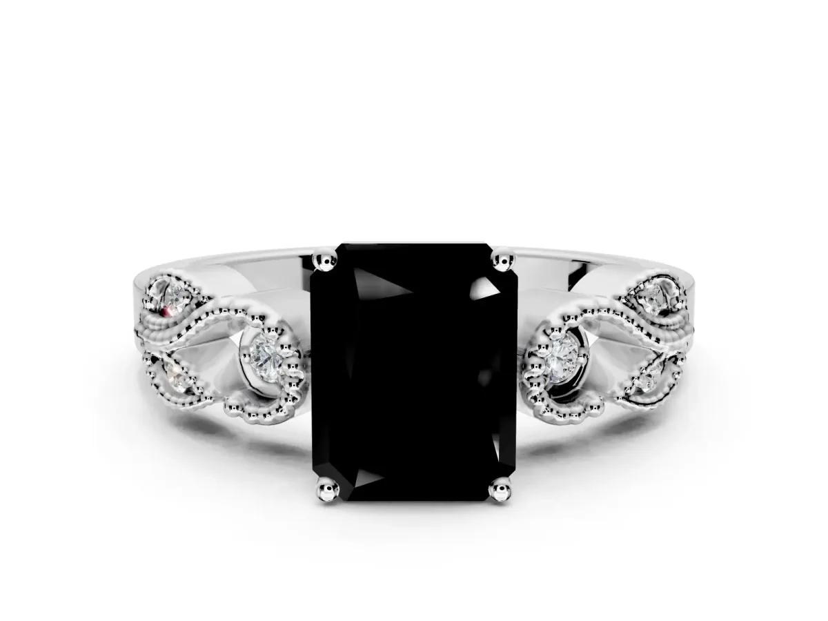Leaf Engagement Ring Setting for Fancy Black Radiant Cut Center with Milgrain Accent Band and Prong Head in Sterling Silver