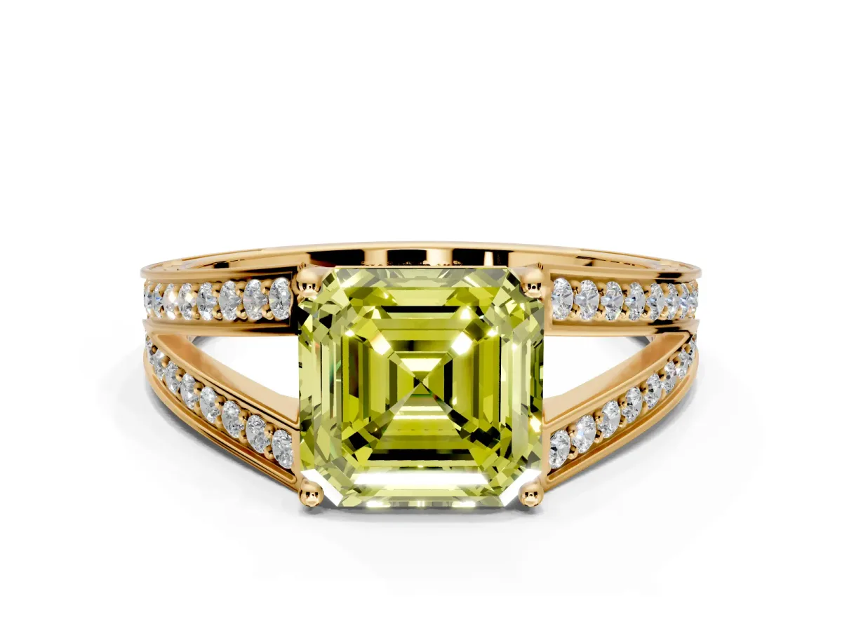 Split Shank Engagement Ring Setting for Fancy Yellow Asscher Cut Center with Pave Split Shank and Prong Head in Yellow Gold