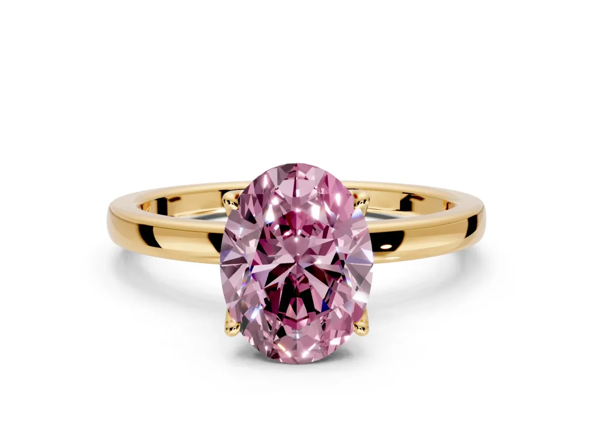 Solitaire Engagement Ring Setting for Fancy Pink Oval Center with Thin Rounded Plain Band and Prong Head in Yellow Gold