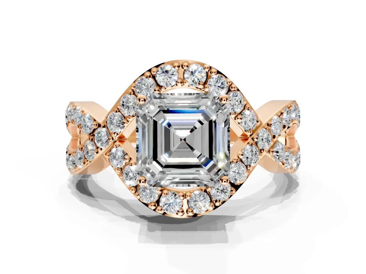 Halo Engagement Ring Setting for Asscher Cut Center with Pave Infinity Twist Band and Prong Head in Rose Gold