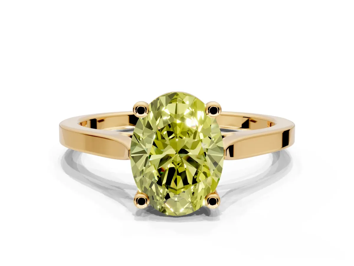 Solitaire Engagement Ring Setting for Fancy Yellow Oval Center with Tapered Shoulders and Prong Head in Yellow Gold