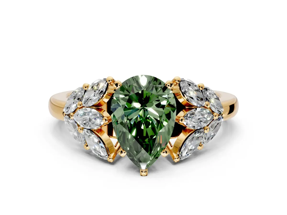 Leaf Cluster Engagement Ring Setting for Fancy Green Pear-Shaped Center with Marquise Accents and Prong Head in Yellow Gold