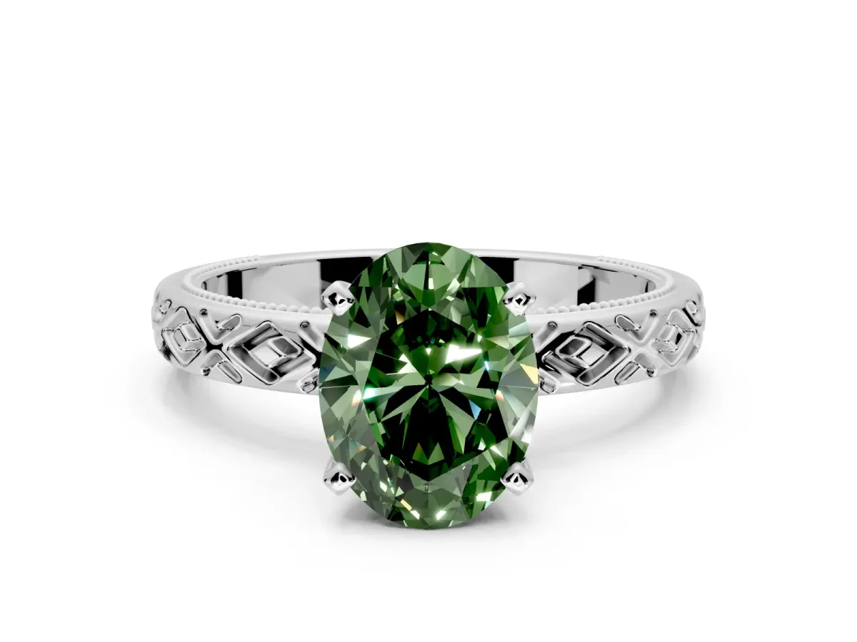 Solitaire Engagement Ring Setting for Fancy Green Oval Center with Milgrain X Pattern Band and Prong Head in White Gold